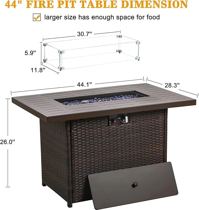 LayinSun 44" Propane Gas Fire Pit Table, 55000 BTU Rectangular Fire Pit with Glass Wind Guard for Outside Patio Deck Garden Backyard