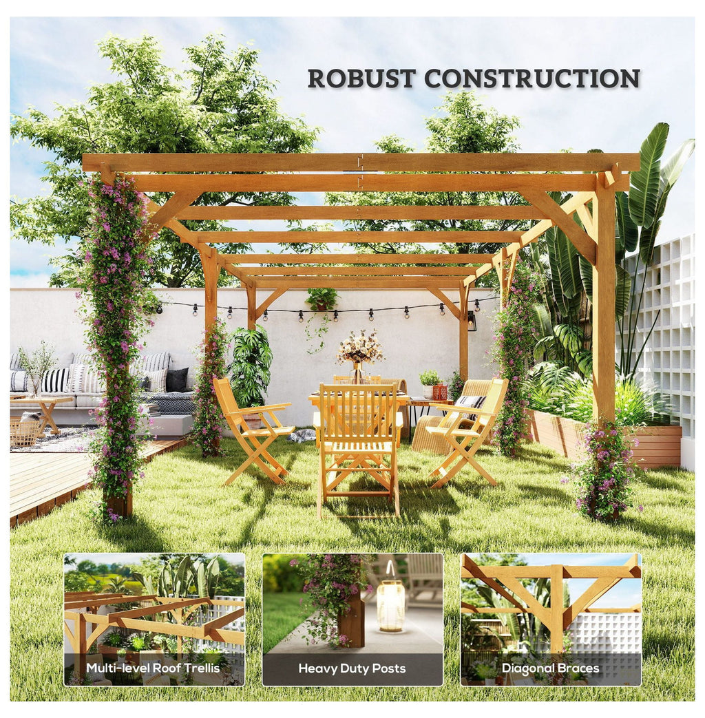 20x10ft Wood Pergola, Outdoor Gazebo Grape Trellis - Dark Brown