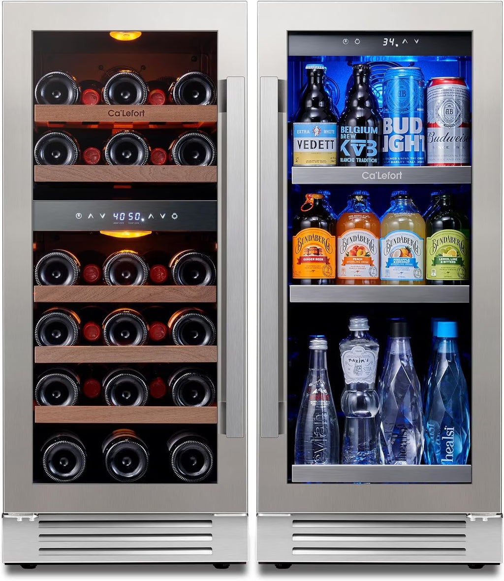 Ca'Lefort 30" Wine and Beverage Refrigerator, 28 Bottles Dual Zone Wine Fridge and 100 Cans Beverage Fridge Cooler with Stainless Steel  Door Framed