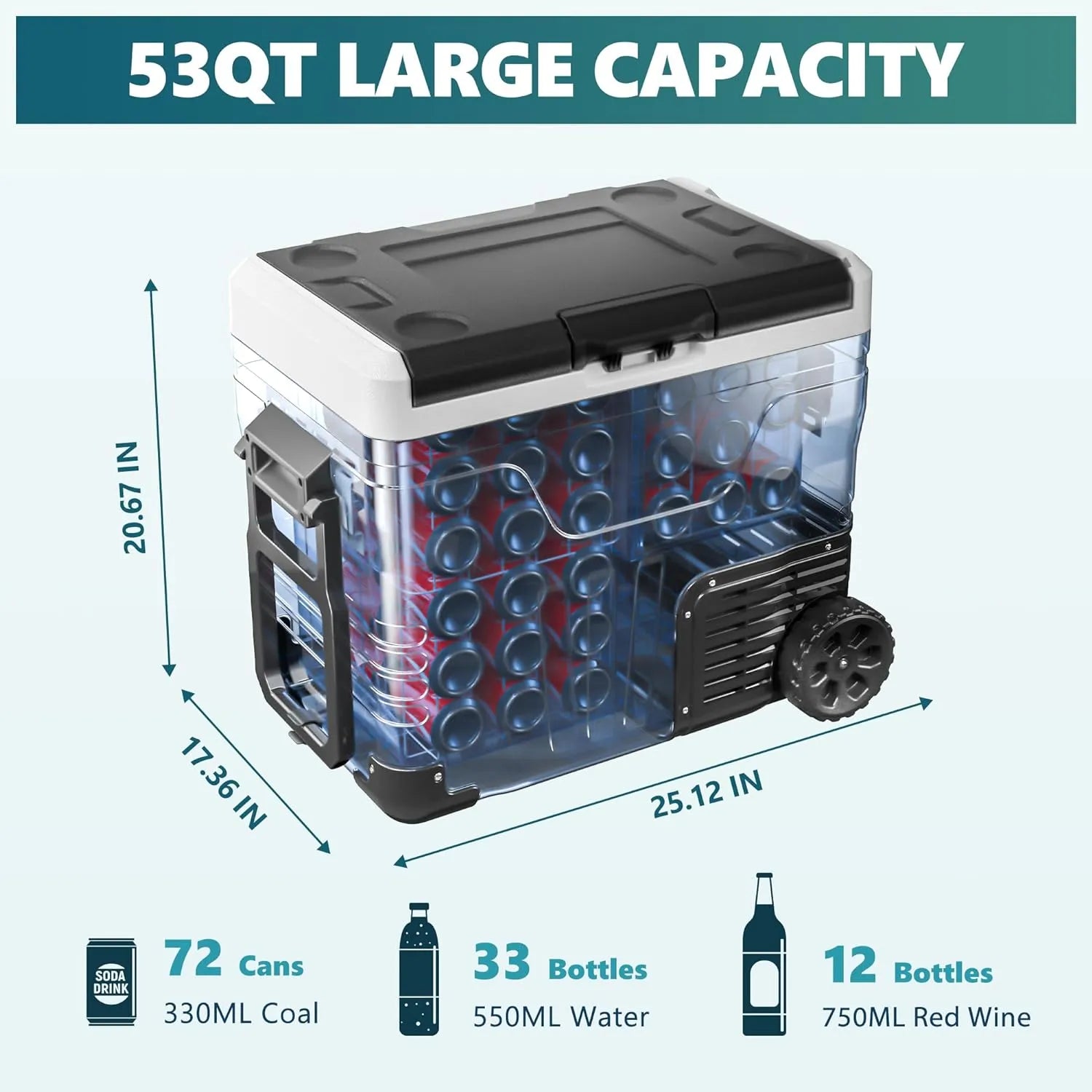 12 Volt Refrigerator, 53QT(50L) Electric Cooler, Portable Freezer 12V/24V DC 110-240V AC, 12V Fridge -4?H~68?H, 12V Cooler with Wheels & 2 Baskets for Travel, Truck, Boat, Camping