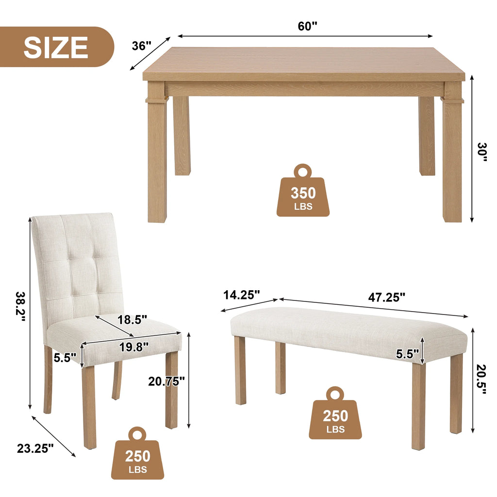 Euroco 6-Piece Wood Dining Table Set for 6, Modern Rectangular Kitchen Table with 4 Upholstered Chairs & Bench for Kitchen Dining Room,Walnut