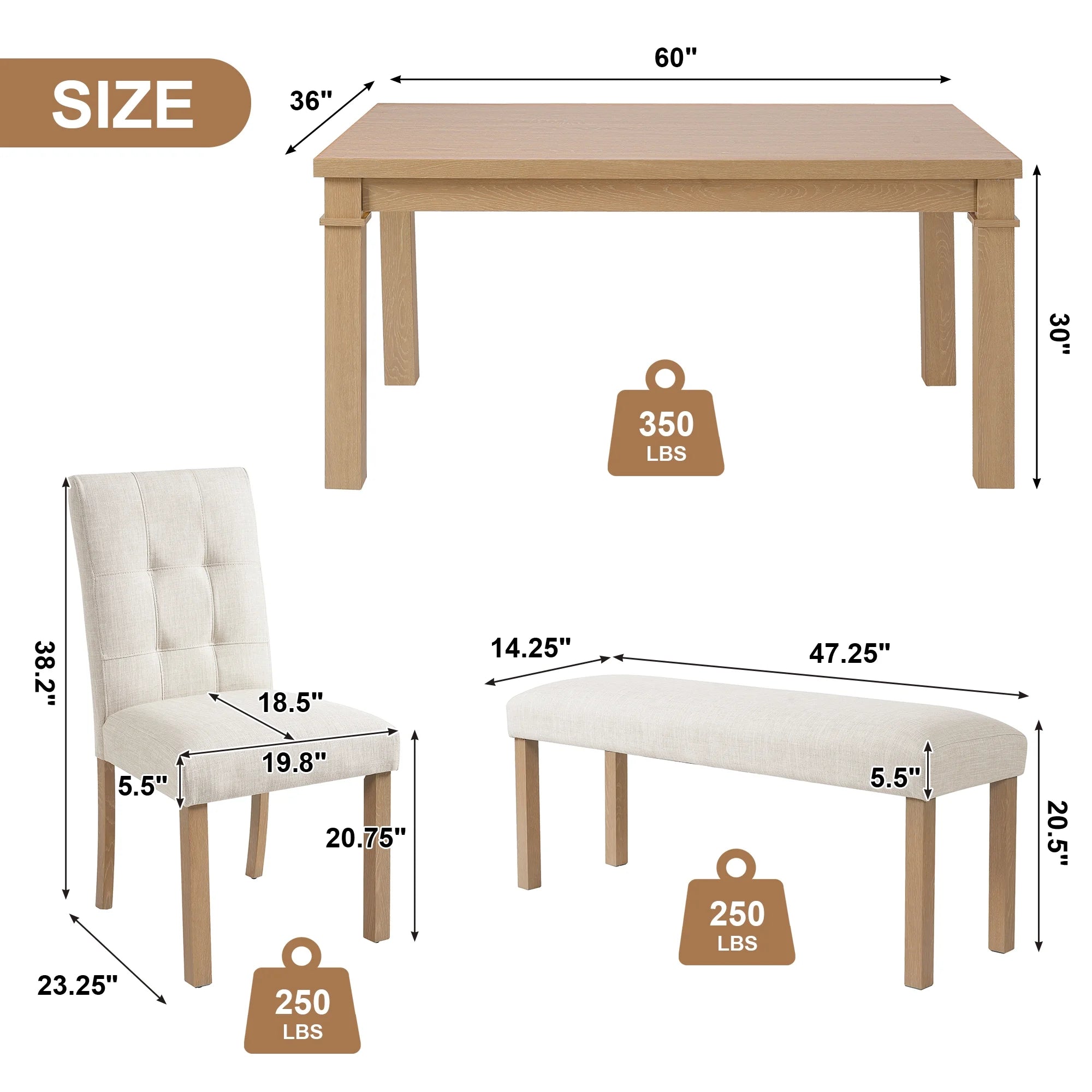 Euroco 6-Piece Wood Dining Table Set for 6, Modern Rectangular Kitchen Table with 4 Upholstered Chairs & Bench for Kitchen Dining Room,Walnut