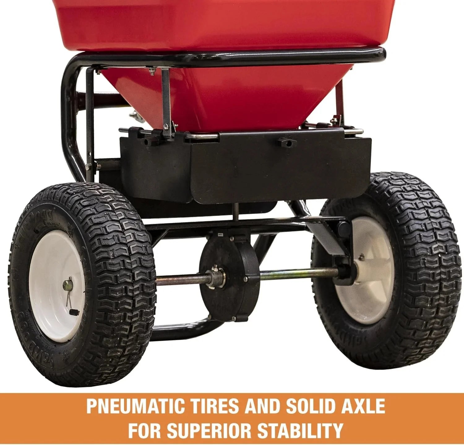 Multi-purpose push-along spreader, 100 lb capacity, versatile tool for lawn seed, salt, de-icer, fertilizer and seeds