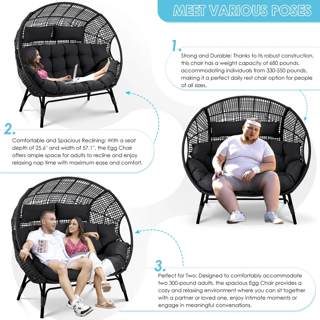 RADIATA Double Egg Chair for 2 Person, Oversized Wicker Loveseat with Thick Cushions, 680 lbs Capacity, Indoor Outdoor Stationary Patio Lounge Chair for Balcony, Garden, Beige