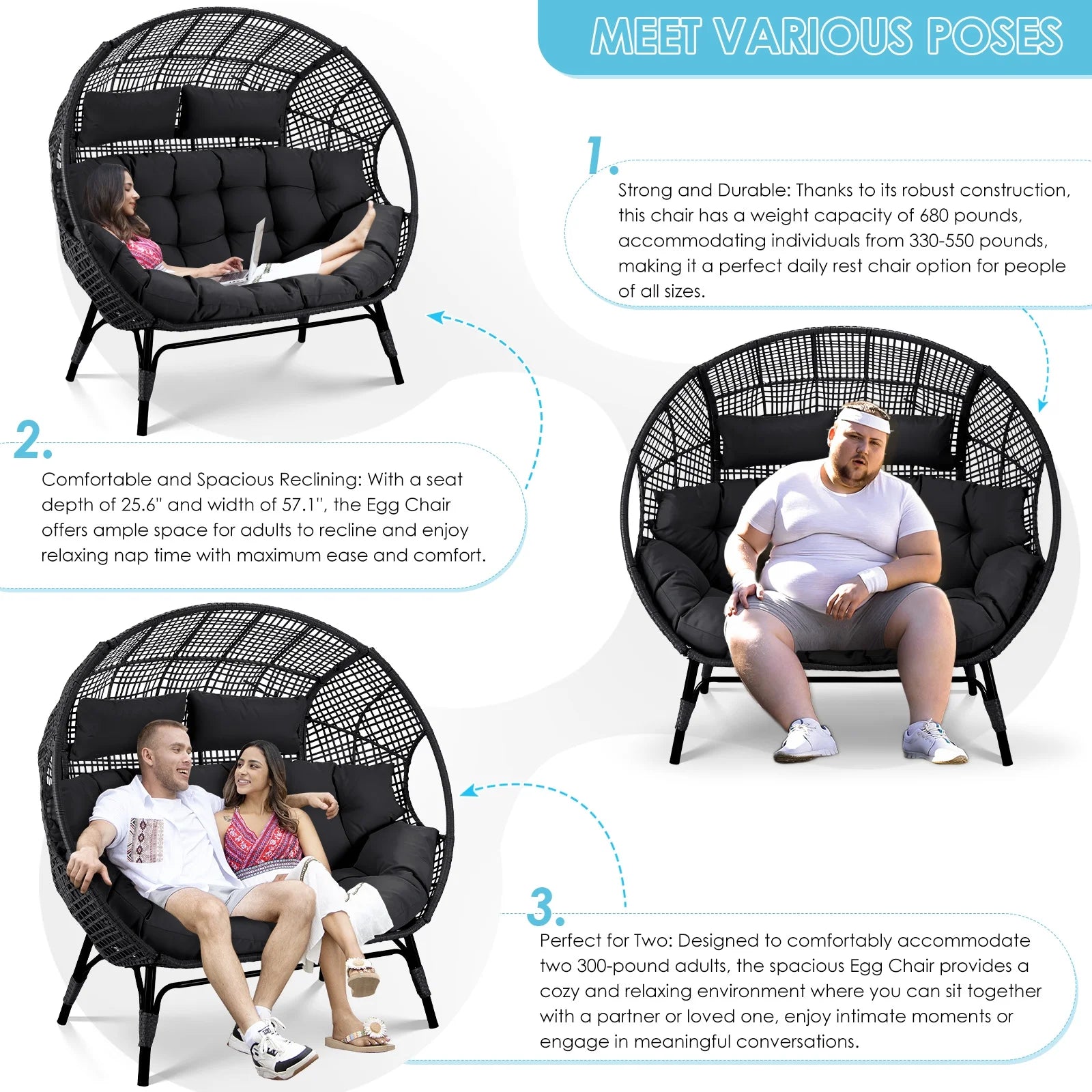 RADIATA Double Egg Chair for 2 Person, Oversized Wicker Loveseat with Thick Cushions, 680 lbs Capacity, Indoor Outdoor Stationary Patio Lounge Chair for Balcony, Garden, Beige