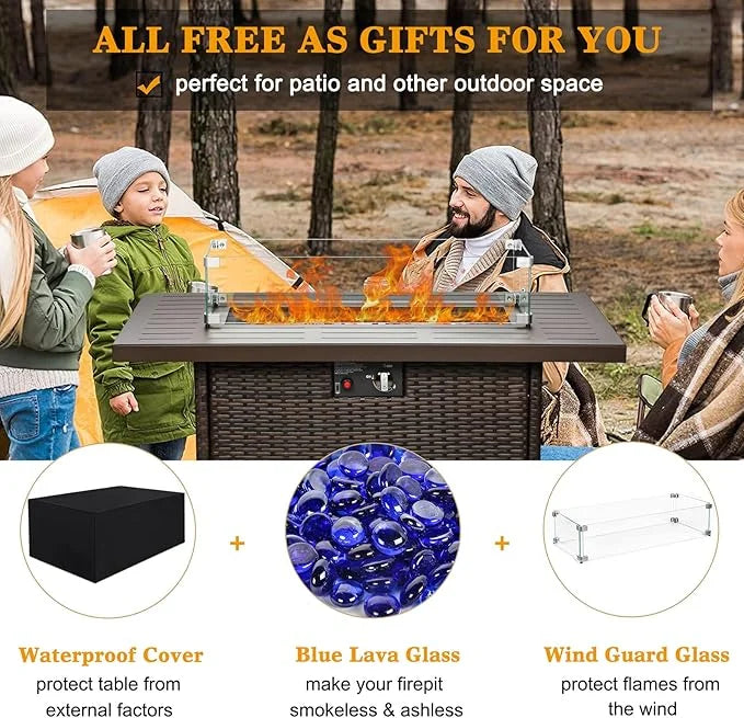 LayinSun 44" Propane Gas Fire Pit Table, 55000 BTU Rectangular Fire Pit with Glass Wind Guard for Outside Patio Deck Garden Backyard