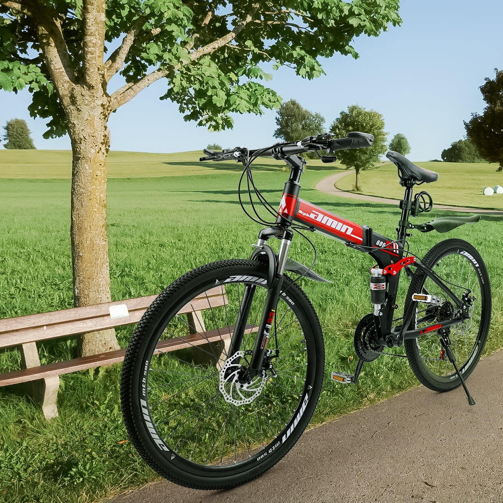 Artudatech Folding Mountain Bike 26 Inch Shimano 21 Speed Dual Disc Brake - Adult - Red