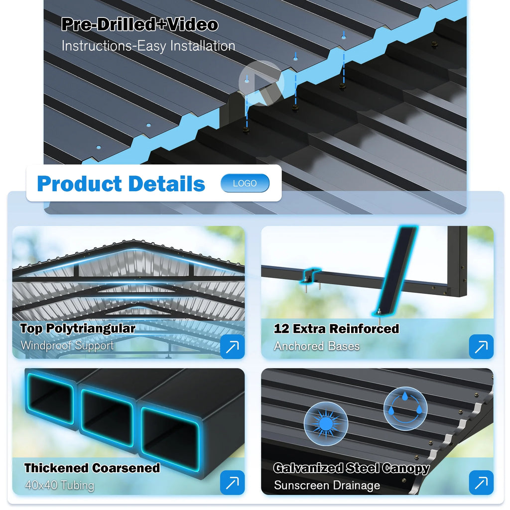 MUCHANT 12��X20�� Outdoor Heavy-Duty Carport Galvanized Steel Roof with Reinforced Stable Triangle Frame & Enhanced Base for Car, Pickup and Truck