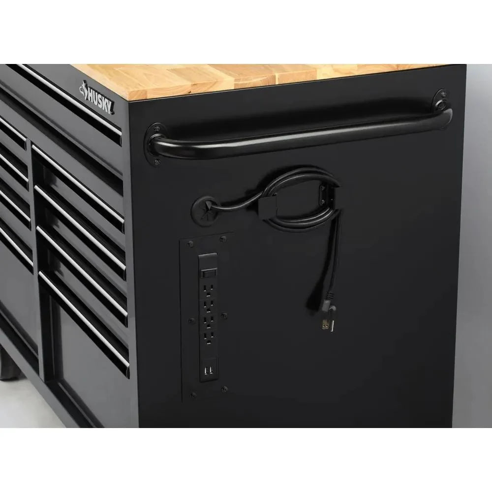 Mobile workbench with 9 drawers, hardwood top and power connection, 117 cm W x 62 cm D �C high-gloss black