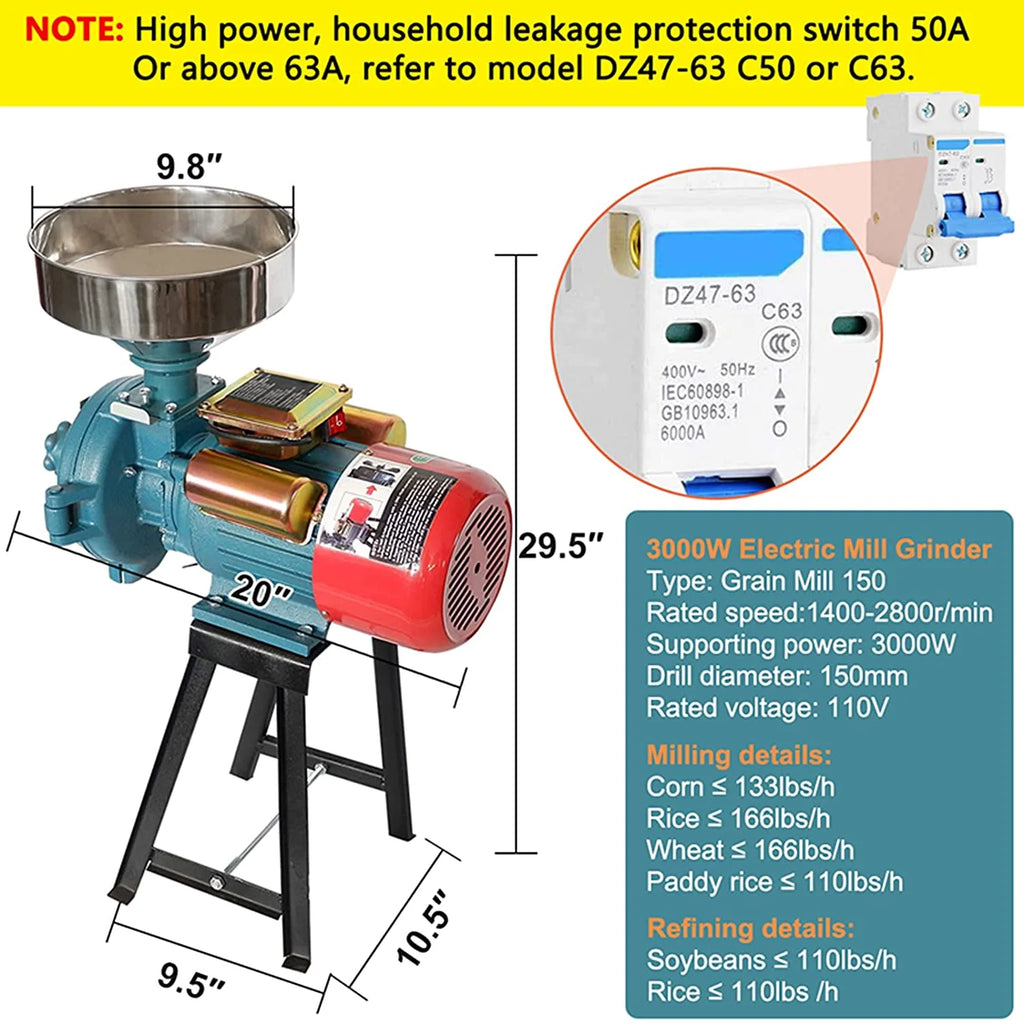 NAIZEA 3000W Electric Grain Mill, 110V Corn Grinder, Heavy Duty Commercial Feed Mill, Wet Dry Cereals Grinder