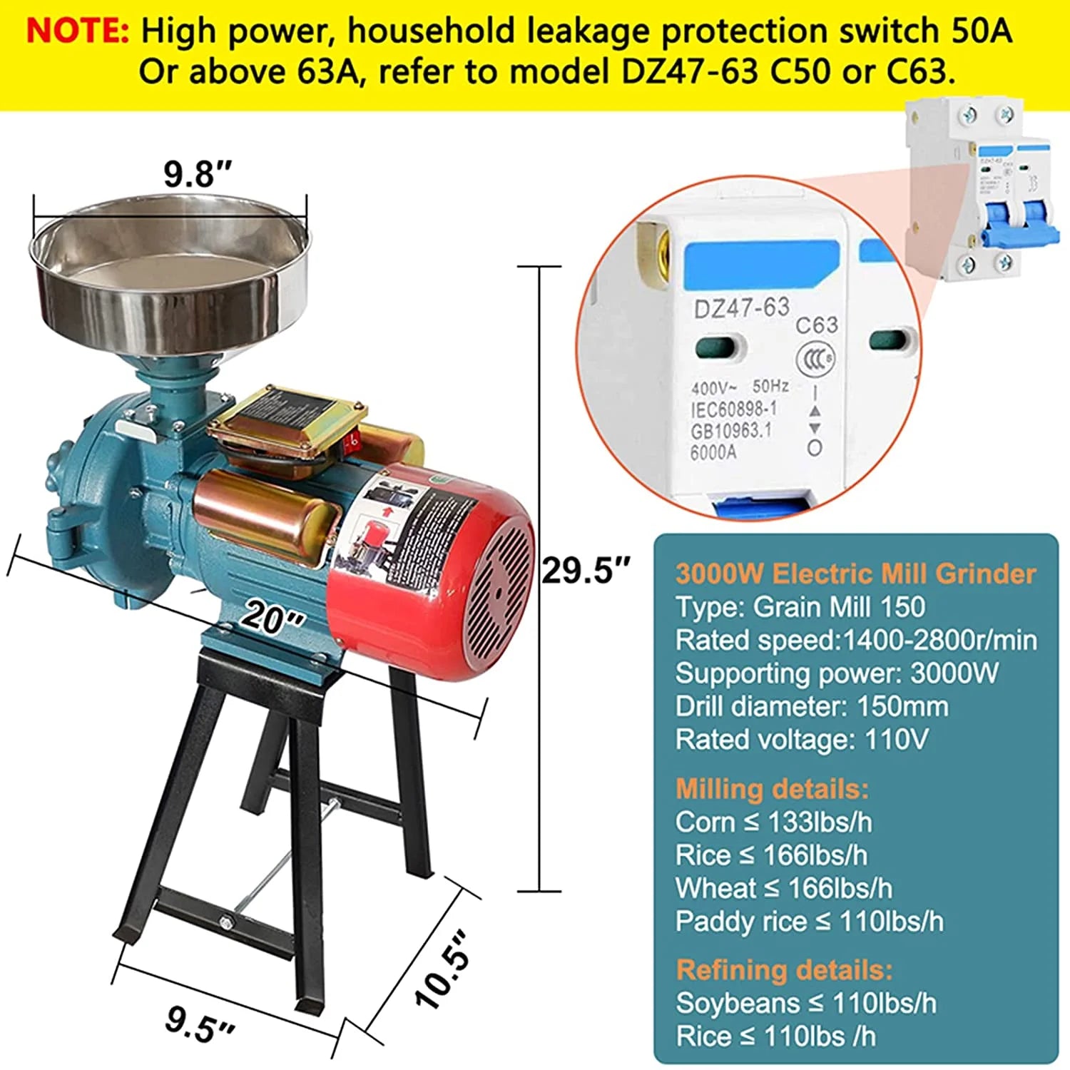 NAIZEA 3000W Electric Grain Mill, 110V Corn Grinder, Heavy Duty Commercial Feed Mill, Wet Dry Cereals Grinder