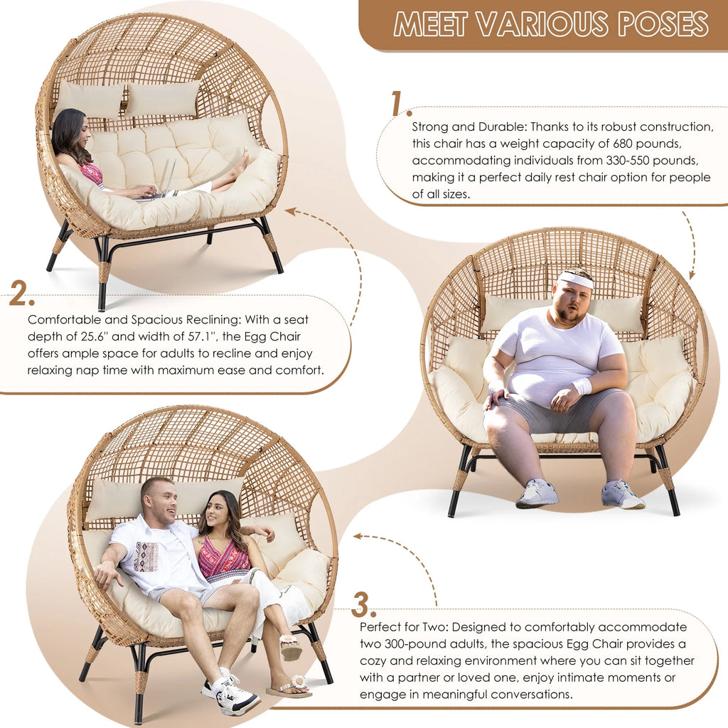RADIATA Double Egg Chair for 2 Person, Oversized Wicker Loveseat with Thick Cushions, 680 lbs Capacity, Indoor Outdoor Stationary Patio Lounge Chair for Balcony, Garden, Beige