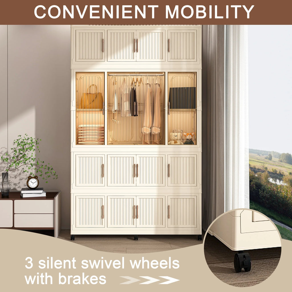 Montary Kids Portable Wardrobe w/ Magnetic Doors & Hanging Rod - 4-Cube Plastic Storage Cabinet,Nursery/Bedroom