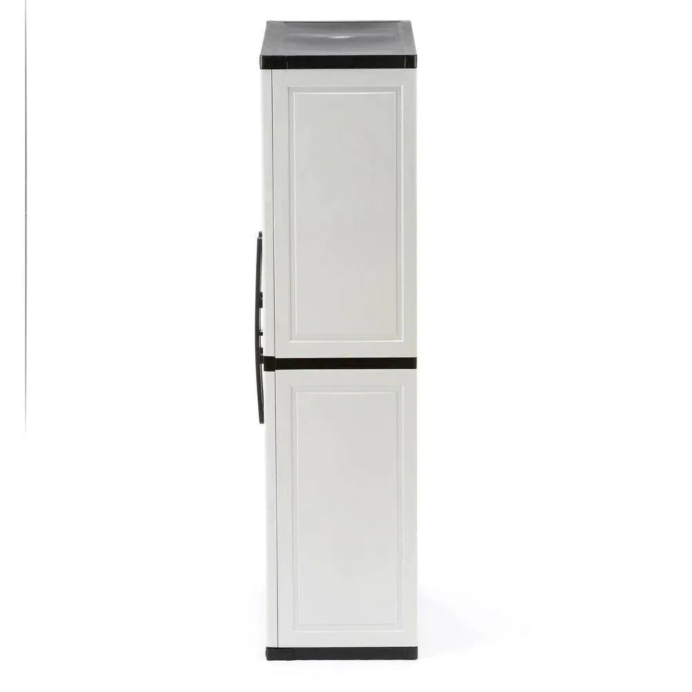 Freestanding garage cabinet made of grey plastic, model 2025, 89 cm W x 180 cm H x 46 cm D, with adjustable shelves and lockable doors.