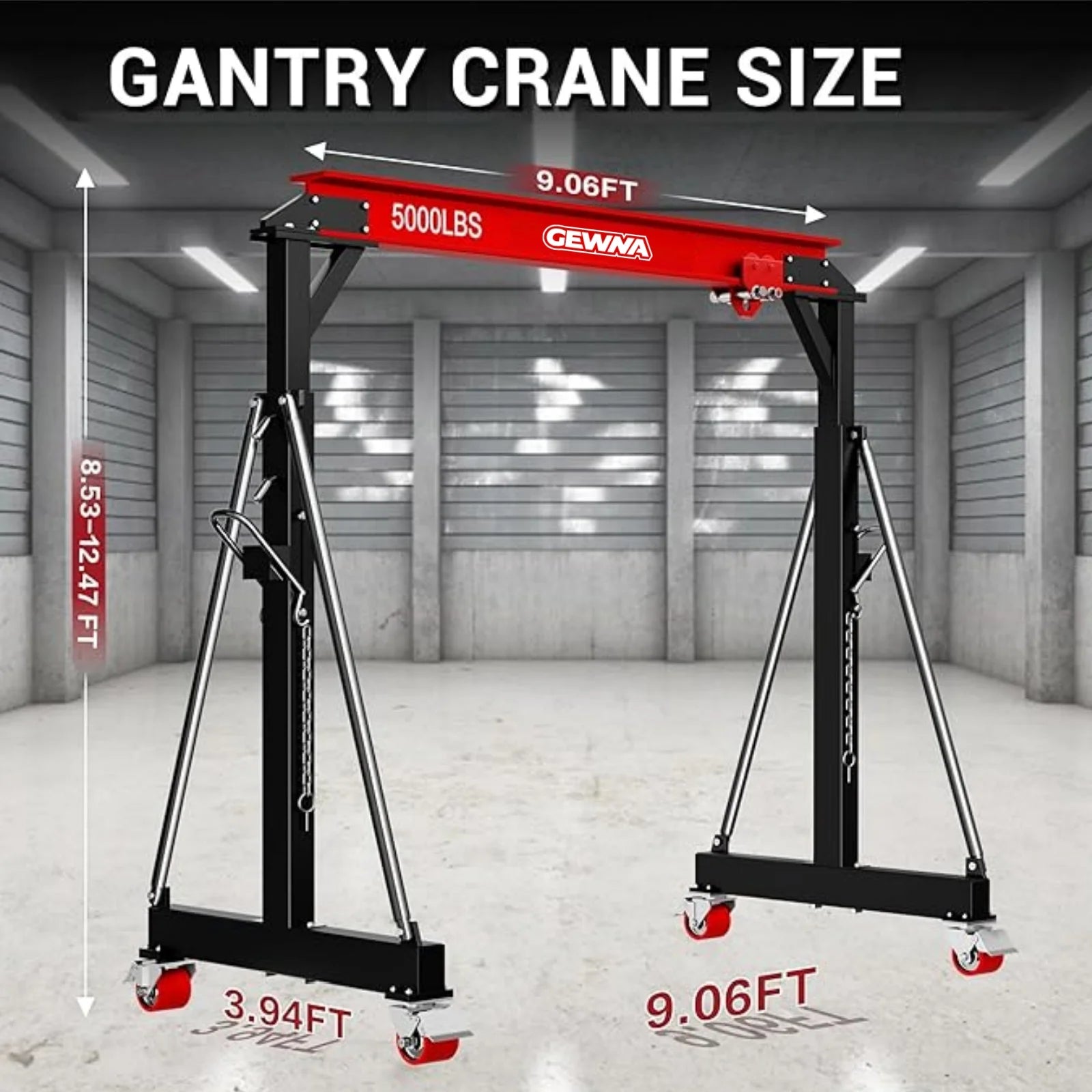 Gewna Adjustable Steel Gantry Crane, 2 Ton/ 5000 lb Capacity, 8.2-12.5ft, Portable Lift Hoist on Wheels with Manual Trolley