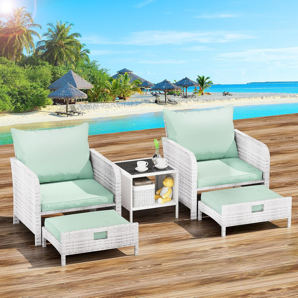 LEVELEVE Balcony Furniture 5 Piece Patio Conversation Set, PE Wicker Rattan Outdoor Lounge Chairs with Soft Cushions 2 Ottoman&Glass Table for Porch, Lawn-Brown Wicker