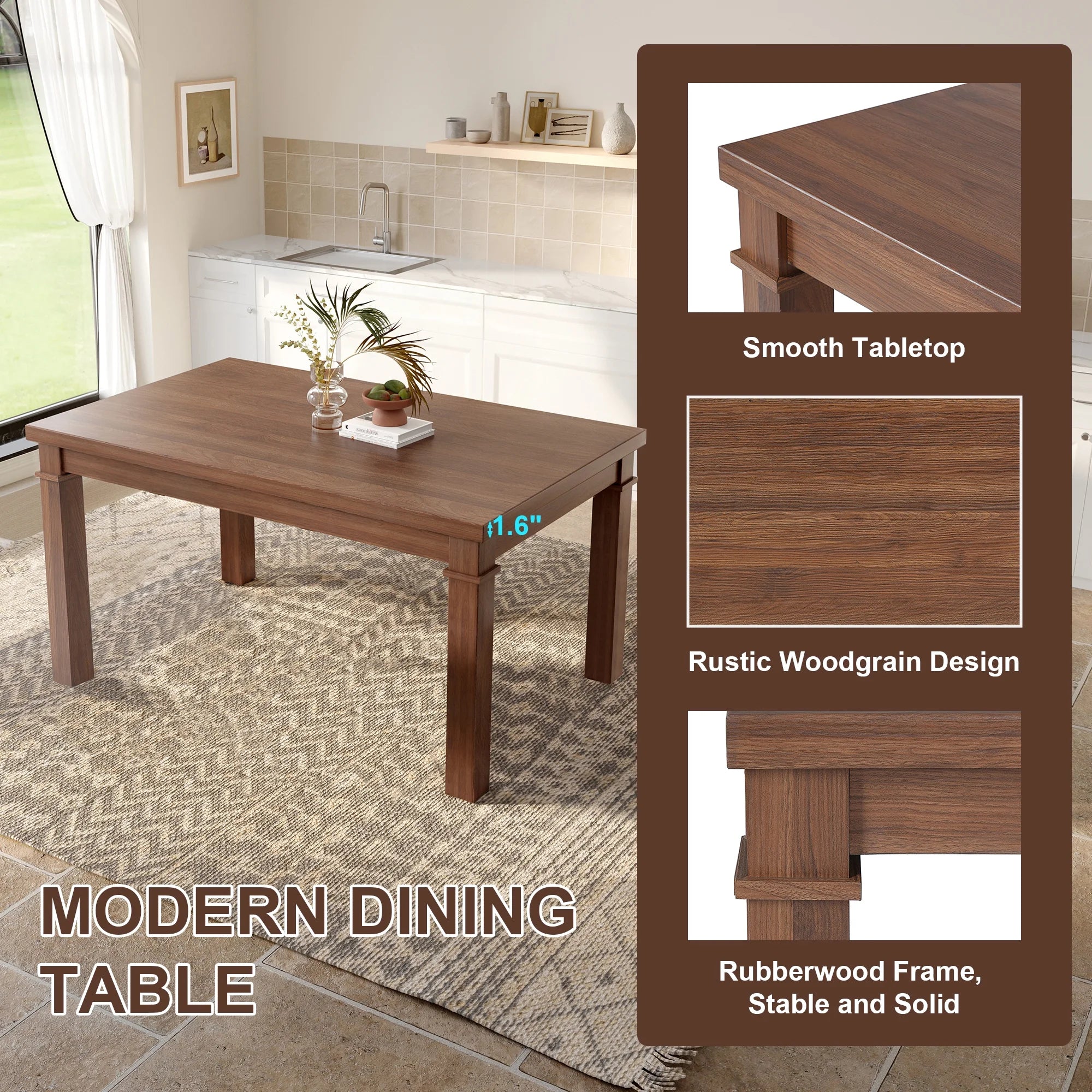 Euroco 6-Piece Wood Dining Table Set for 6, Modern Rectangular Kitchen Table with 4 Upholstered Chairs & Bench for Kitchen Dining Room,Walnut