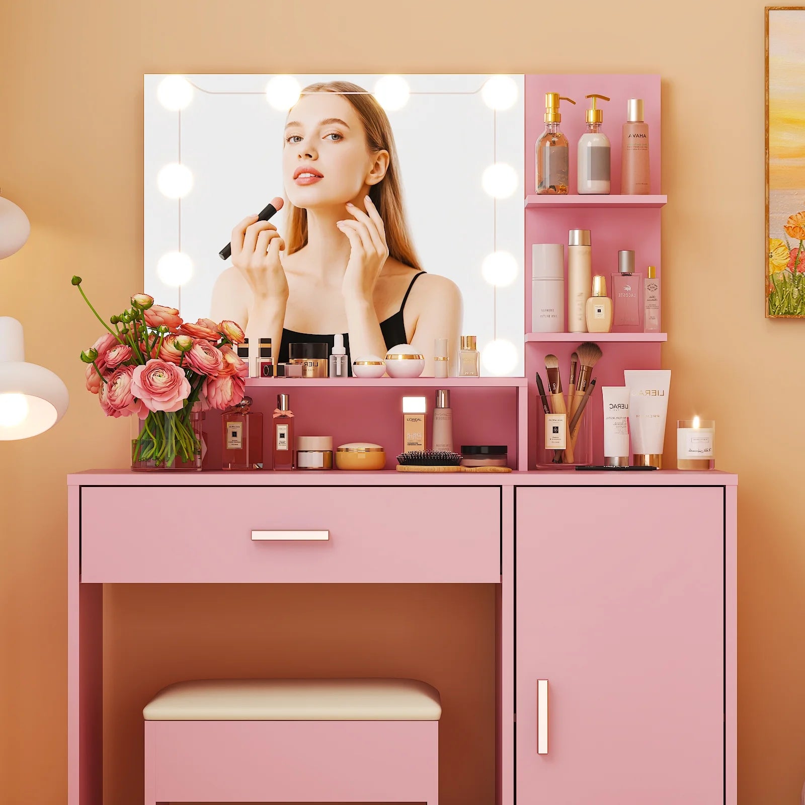 Ktaxon Vanity Set with 3 Color Lighted Mirror, Makeup Table with 3 Storage Shelves & Drawers, Dressing Table Makeup Desk with Stool,White