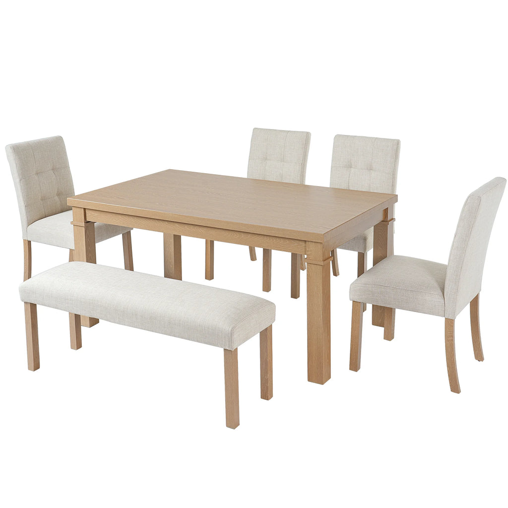 Euroco 6-Piece Wood Dining Table Set for 6, Modern Rectangular Kitchen Table with 4 Upholstered Chairs & Bench for Kitchen Dining Room,Walnut