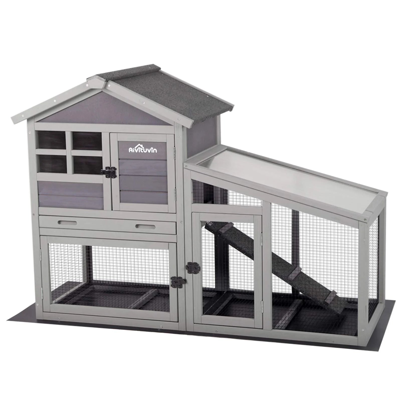 Aivituvin Rabbit Hutch Outdoor Indoor Bunny Cage with Pull Out Tray, Upgraded Chicken Coop with Removable Wire Mesh Bottom, Gray