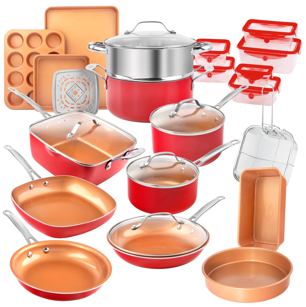 Gotham Steel 32 Pcs Pots and Pans Set Non Stick, Cookware Set with Bakeware and Premium Food Storage Set Nonstick Pots and Pans Set, Red