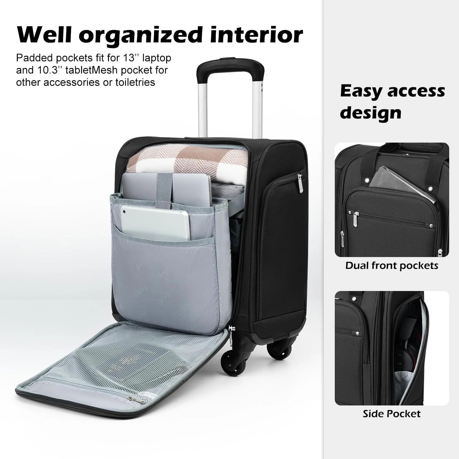 Underseat Carry On Luggage Softside Lightweight Rolling Travel Bag Spinner Suitcase