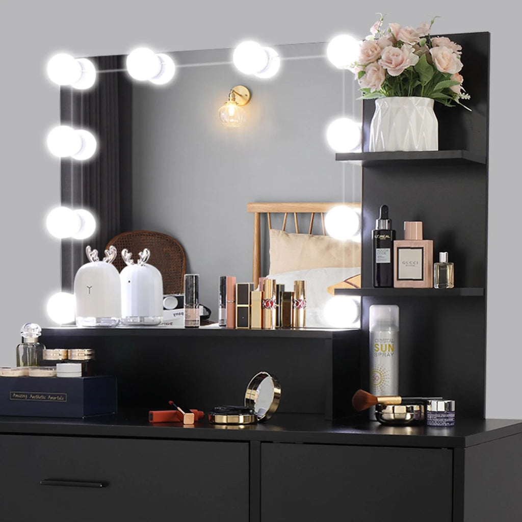 Ktaxon Vanity Set with 3 Color Lighted Mirror, Makeup Table with 3 Storage Shelves & Drawers, Dressing Table Makeup Desk with Stool,White
