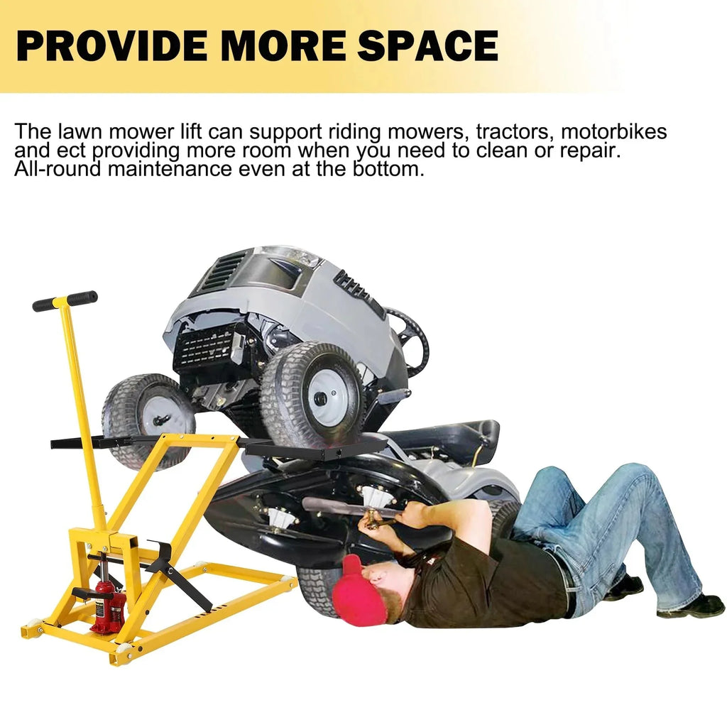 Lawn mower lift with hydraulic jack, 66 cm (26 inch) lifting height, welded steel construction, lifting capacity 227 kg (500 lbs), for ride-on lawn mowers, tractors and ATVs