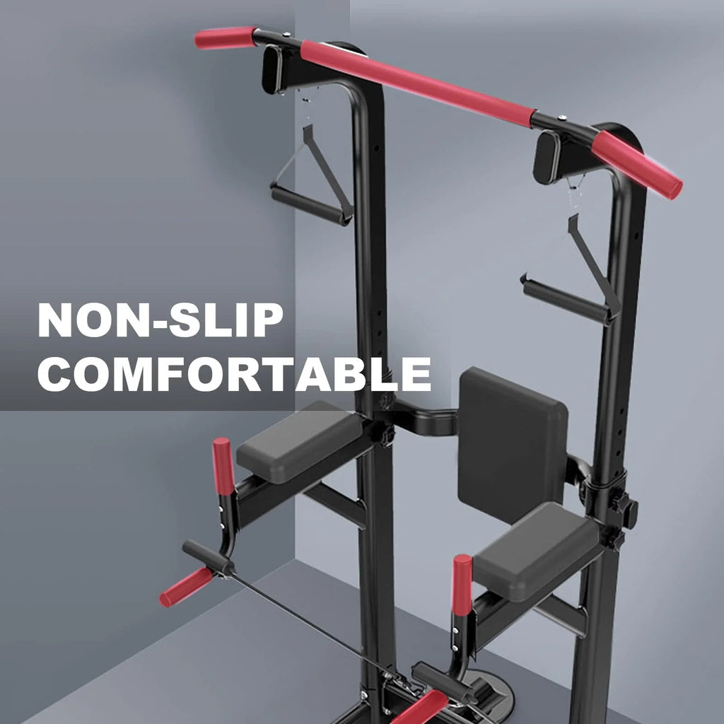 PROHIKER Power Tower Dip Station, Pull Up Bar Stand Power Rack with Backrest and Resistance Band, Height Adjustable Strength Training Equipment for Fitness Home Workout, Black