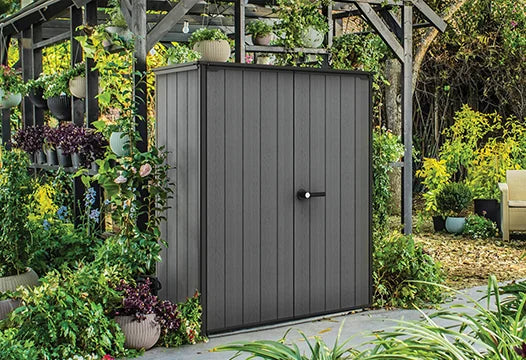 Keter Cortina Alto Vertical Durable Resin Outdoor Storage Shed with Heavy Duty Floor and Locking Latch Double Doors, Graphite