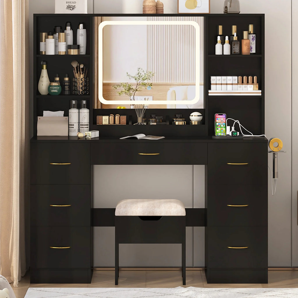 47" Large Vanity Desk with Lighted Mirror & Charging Station, Black Makeup Vanity with 7 Drawers & 6 Shelves, Vanity Set with Cushioned Stool