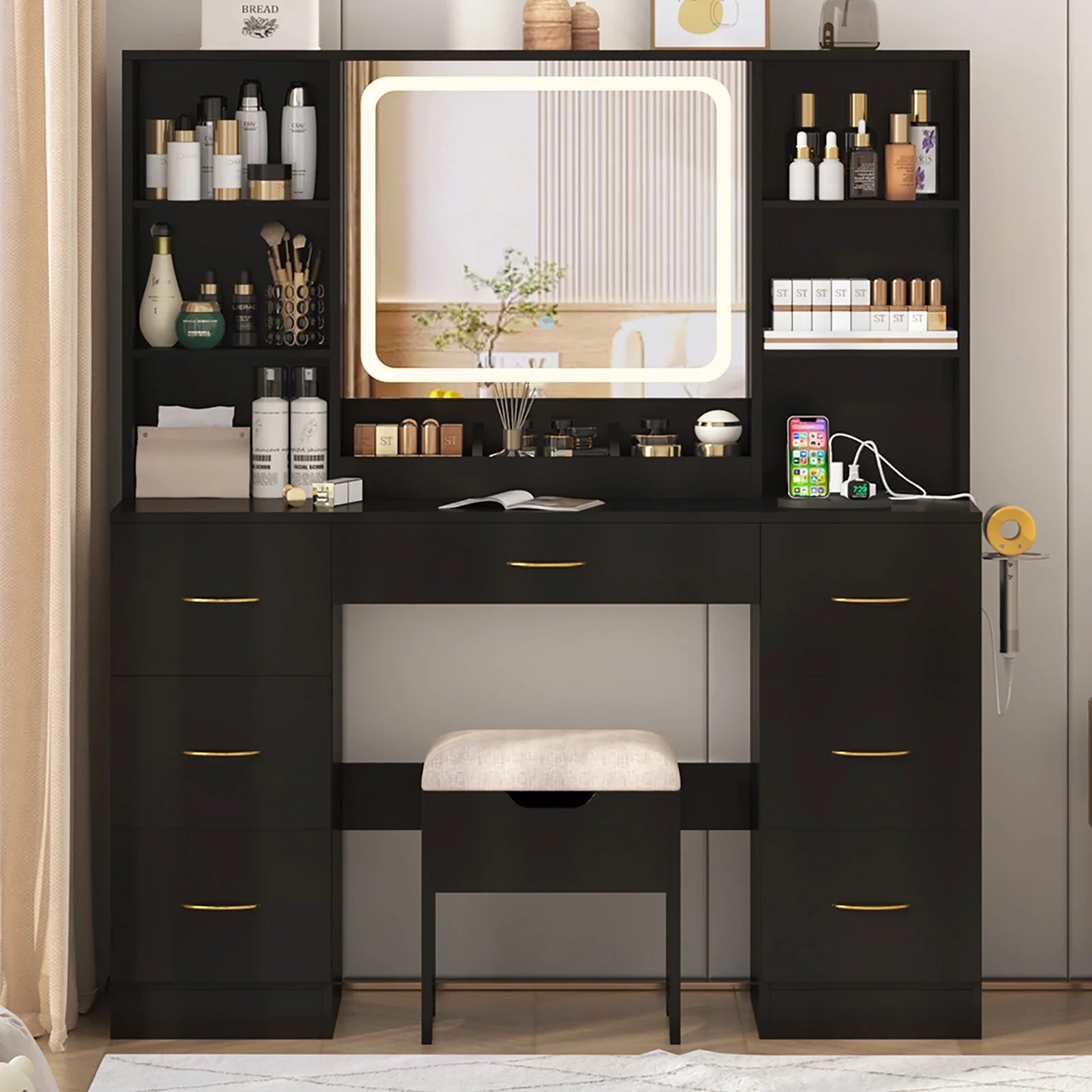 47" Large Vanity Desk with Lighted Mirror & Charging Station, Black Makeup Vanity with 7 Drawers & 6 Shelves, Vanity Set with Cushioned Stool