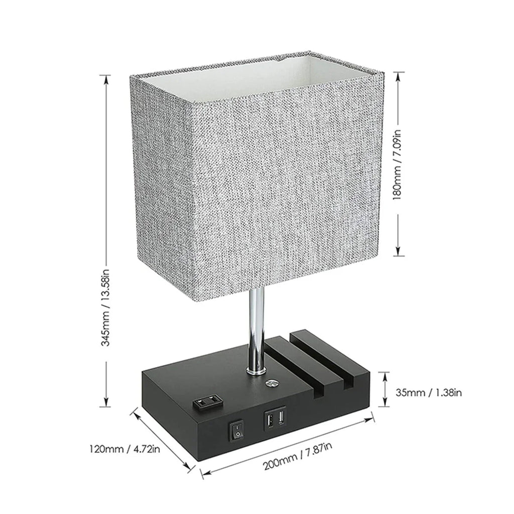 Touch Control Table Lamp with 2 USB Charging Ports, 1 AC Outlets and 2 Phone Stands, Modern USB Desk Lamp with Black Wooden Base and Grey Shade Suitable for Bedroom, Living Room