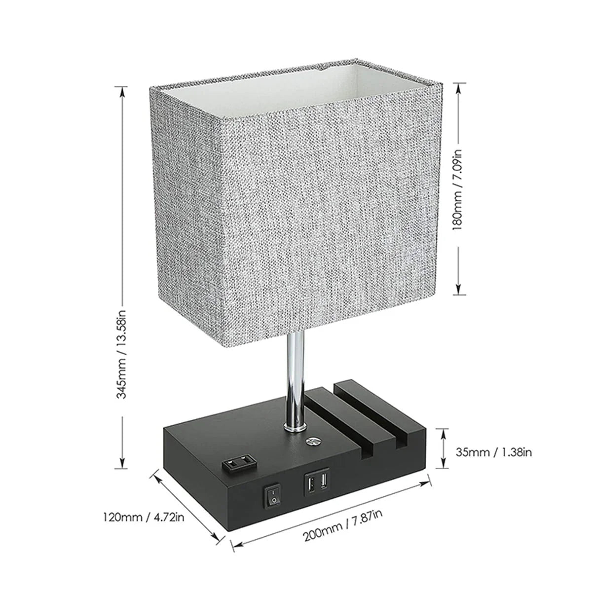 Touch Control Table Lamp with 2 USB Charging Ports, 1 AC Outlets and 2 Phone Stands, Modern USB Desk Lamp with Black Wooden Base and Grey Shade Suitable for Bedroom, Living Room