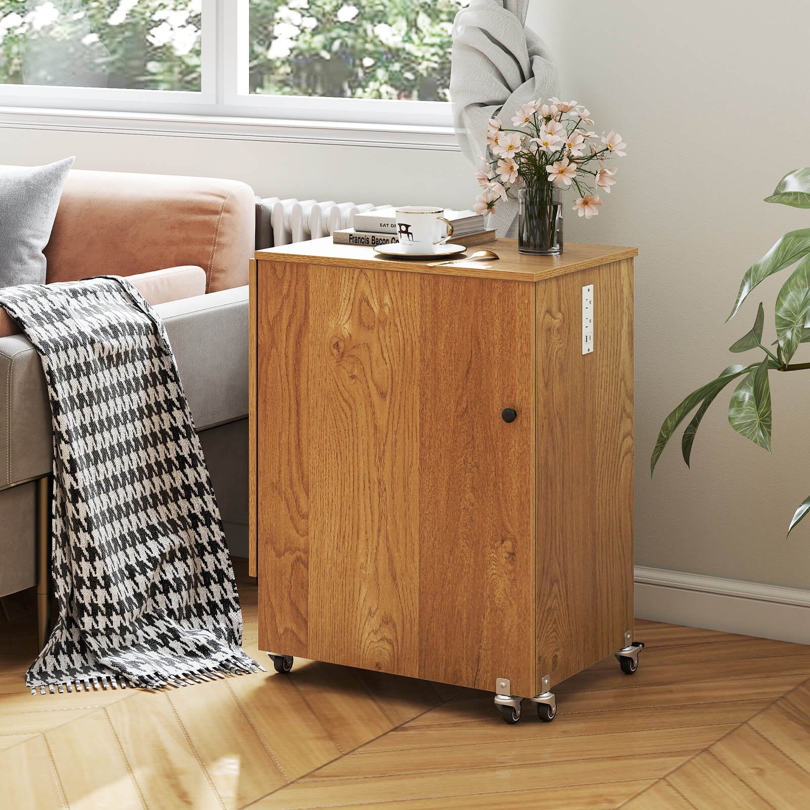 Costway Folding Sewing Table Rolling Craft Station with 3 Storage Bins & Charging Station Natural