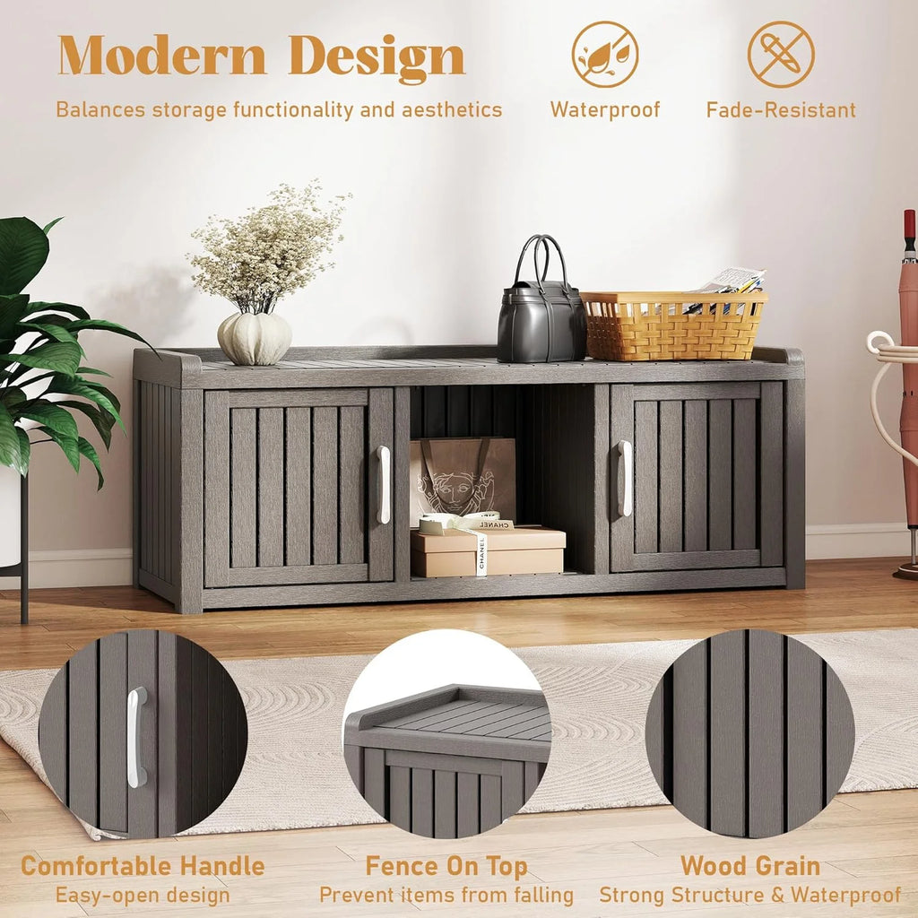 KAMABOKO Outdoor Shoe Storage Cabinet, Waterproof UV-Resistant Entryway Storage Bench Indoor Outdoor with 2 Barn Doors, Adjustable Shelves for Entryway, Bedroom, Hallway,Living Room(Black)