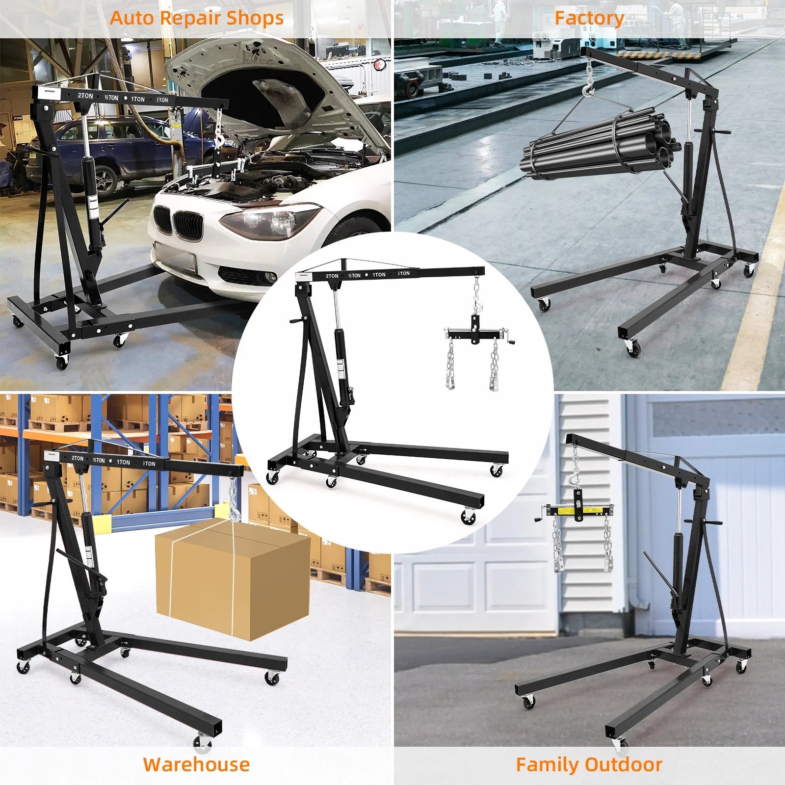 JoanKaren Hydraulic Engine Hoist,4400lbs Max Weight,Folding Engine Lift Shop Crane with Lever and 6 Steel Caster Wheels,Yellow