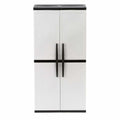 Freestanding garage cabinet made of grey plastic, model 2025, 89 cm W x 180 cm H x 46 cm D, with adjustable shelves and lockable doors.