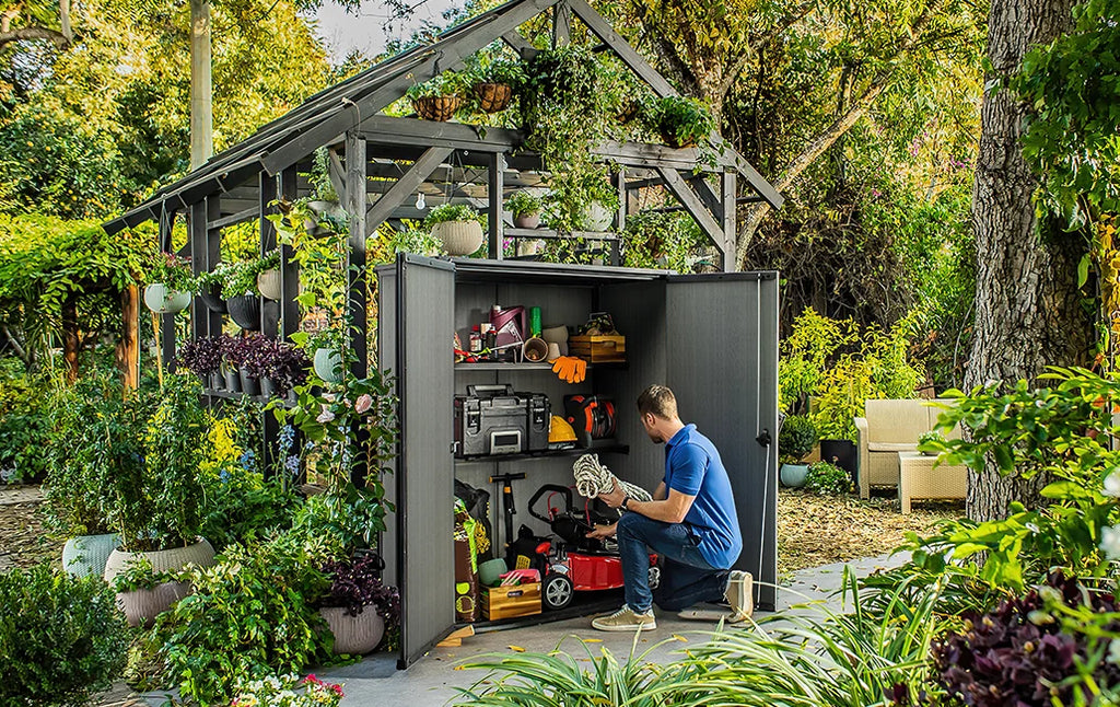 Keter Cortina Alto Vertical Durable Resin Outdoor Storage Shed with Heavy Duty Floor and Locking Latch Double Doors, Graphite