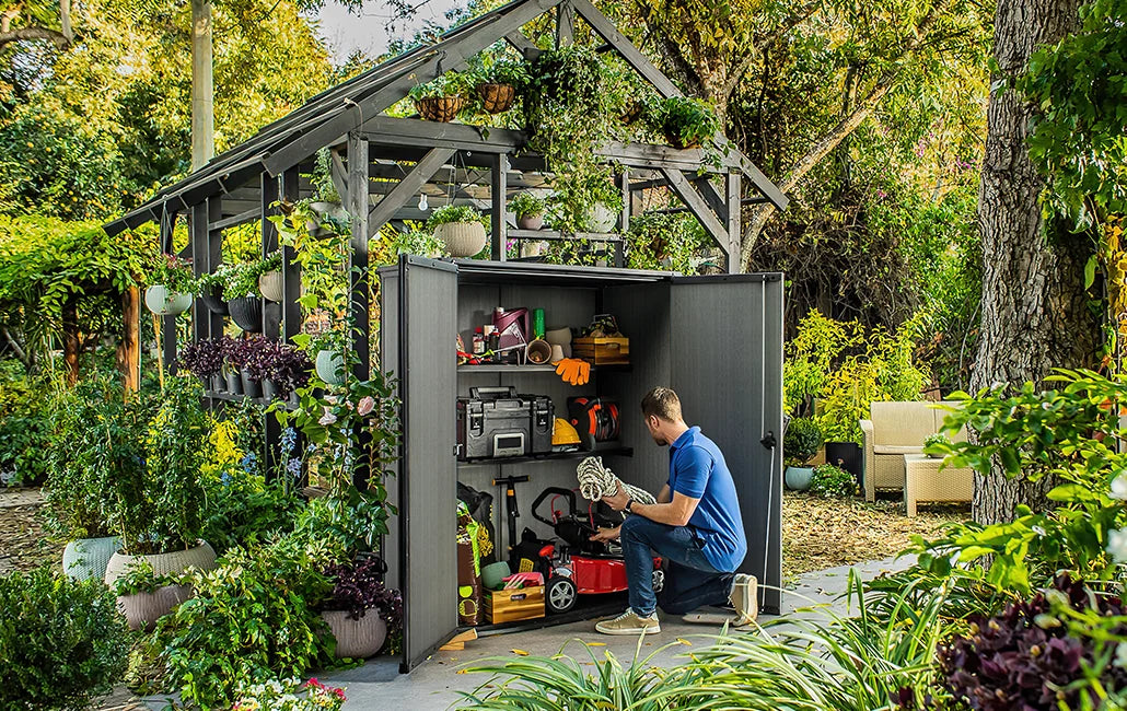 Keter Cortina Alto Vertical Durable Resin Outdoor Storage Shed with Heavy Duty Floor and Locking Latch Double Doors, Graphite