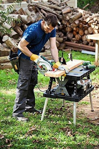 Keter �C 197283 Folding Table Work Bench for Miter Saw Stand, Woodworking Tools and Accessories with Included 12 Inch Wood Clamps �C Easy Garage Storage Black/Yellow