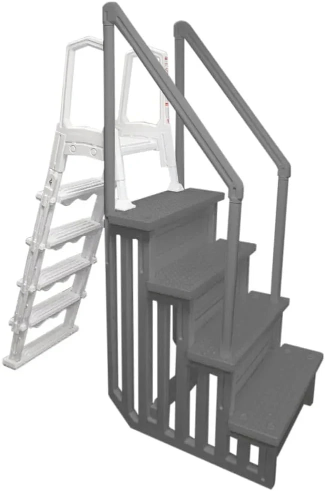 Non-slip entry steps for pools | Grey | For above-ground pools | Can be installed on terraces with a height of 122 to 137 cm | Load capacity up to 136 kg