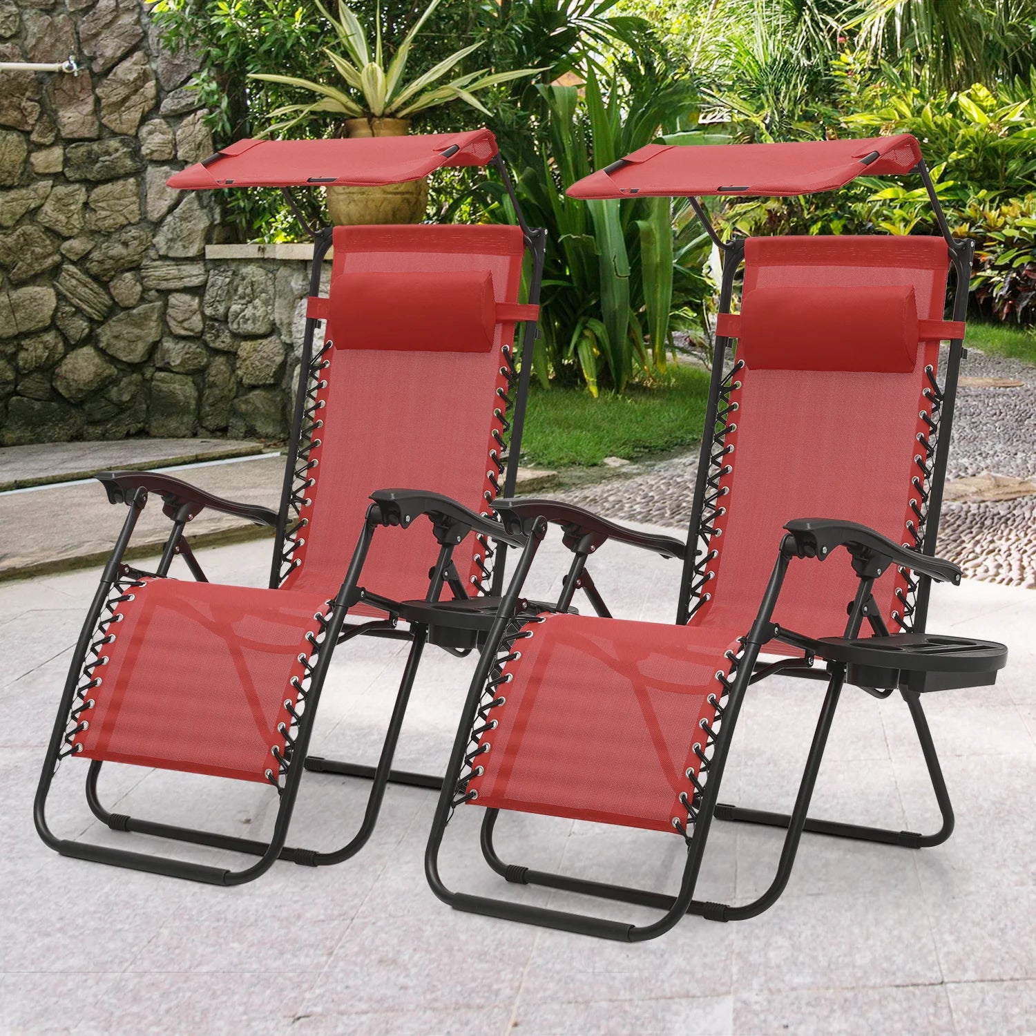 MoNiBloom Zero Gravity Chairs Set of 2, Folding Outdoor Patio Beach Recliner with Canopy Shade & Headrest, Black