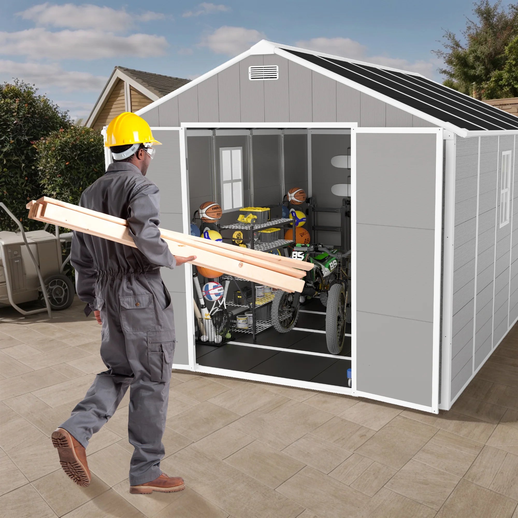 Enyopro 6 x 4.4FT Outdoor Storage Shed, All-Weather Plastic Resin Utility Tool Large Shed with Dual Lockable Doors for Patio Backyard Lawn, Gray