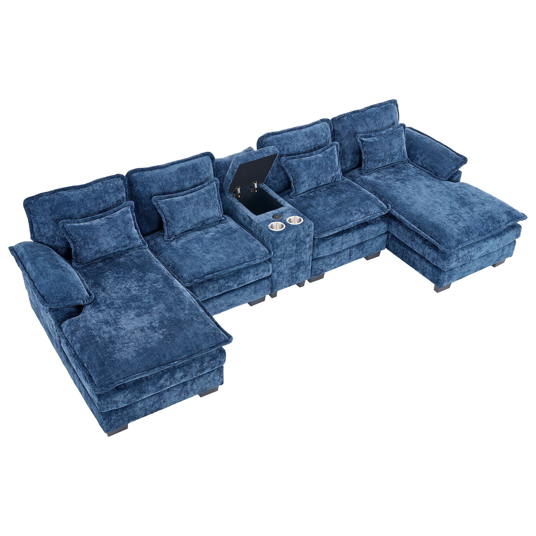 Wiilayok U Shaped Cloud Couch Modular Sectional Sofa 124" Extra Deep Fluffy Chenille Double Chaise Lounge, Central Console w/ Dual USB-C & A Ports, Storm Gray