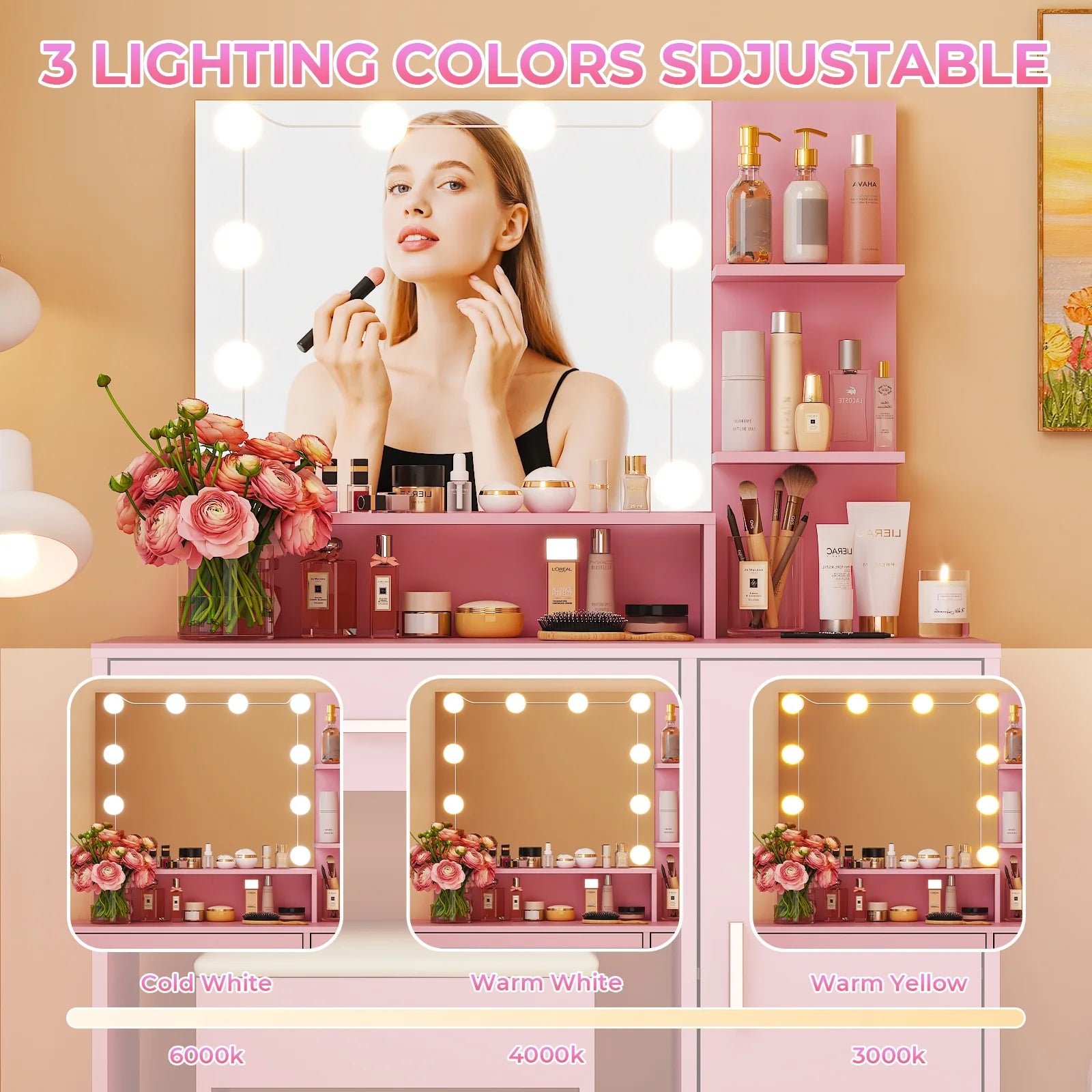 Ktaxon Vanity Set with 3 Color Lighted Mirror, Makeup Table with 3 Storage Shelves & Drawers, Dressing Table Makeup Desk with Stool,White