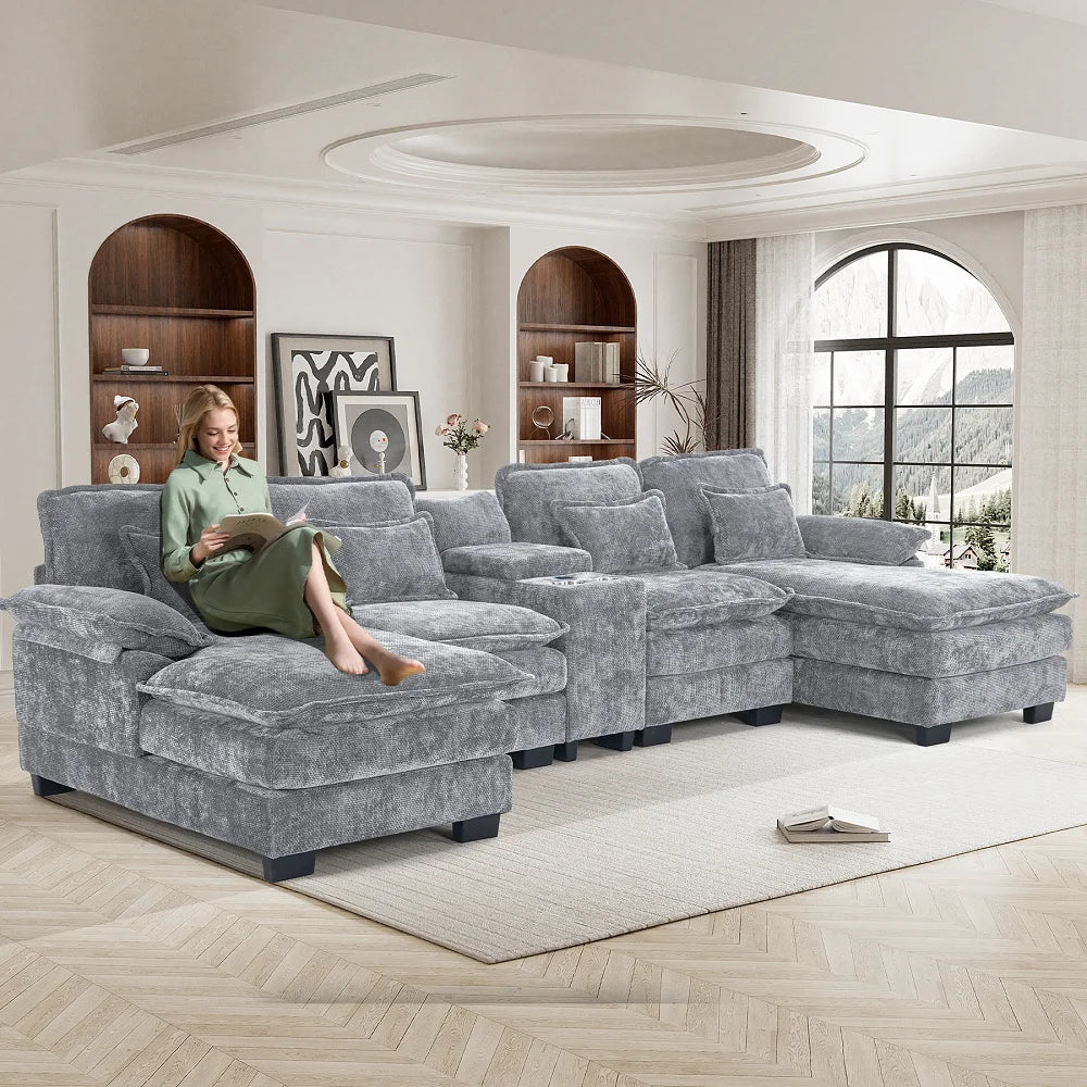 Wiilayok U Shaped Cloud Couch Modular Sectional Sofa 124" Extra Deep Fluffy Chenille Double Chaise Lounge, Central Console w/ Dual USB-C & A Ports, Storm Gray