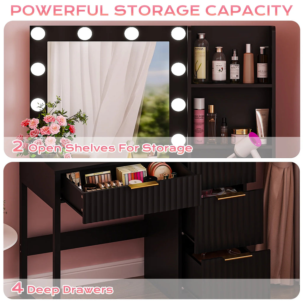 Ktaxon Vanity Set with 3 Color Lighted Mirror, Makeup Table with 3 Storage Shelves & Drawers, Dressing Table Makeup Desk with Stool,White
