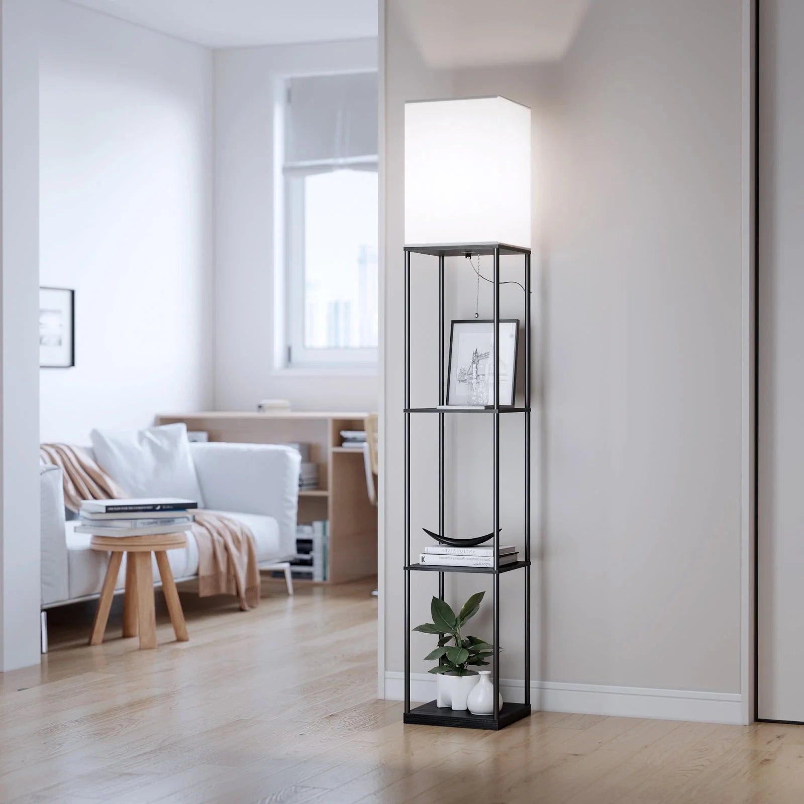 Modern Iron Shelf Floor Lamp with 3-Way Dimmable LED Bulb, Shelves and White Shade for Living Room and Bedroom(Black)