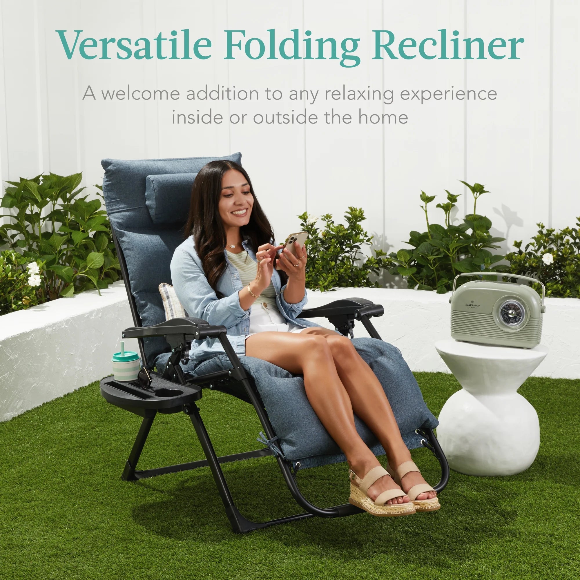 Best Choice Products Oversized Zero Gravity Chair, Folding Recliner w/ Removable Cushion, Side Tray - Fossil Gray